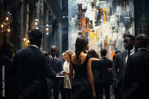 Elegant business professionals networking at a sophisticated evening event in a cityscape setting with atmospheric lighting.