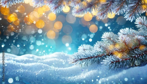 beautiful winter background image of frosted spruce branches and small drifts of pure snow with bokeh christmas lights and space for text © Pauline