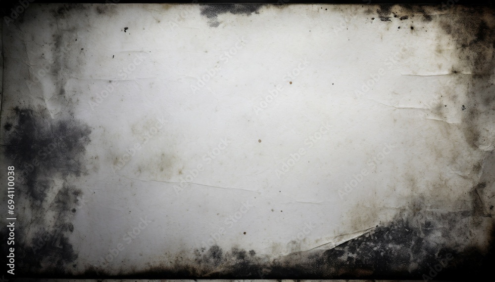 a white weathered paper with vintage texture framed by a black vignette with mold spots to overlay a horror photograph blank sheet for a background