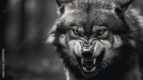A greyscale closeup shot of an angry wolf with a blurred background. generative ai