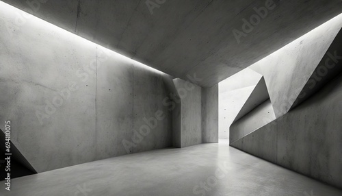 abstract empty modern concrete room with abstract polygonal geometry wall indirect lighting from top and rough floor industrial interior background template
