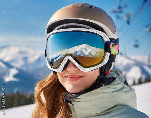 A Mountain Range Reflected In The Ski Mask. Winter Sports. Woman At The Ski Resort On The Background Of Mountains And Blue Sky. © Donald