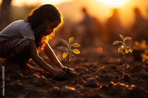 A young girl tenderly plants a sapling in the soil at sunset, surrounded by warm golden light and a serene rural backdrop.