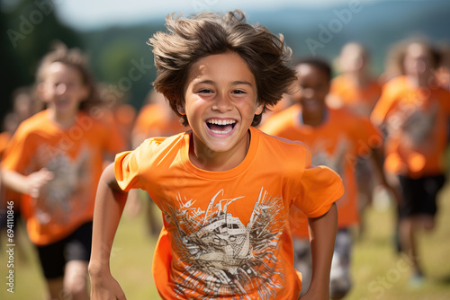 Cheerful child leading a playful race with peers in a sunny outdoor setting, embodying childhood joy and energy.