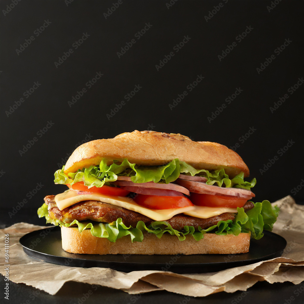 Big sandwich on black background with copy space Big sandwich on black background with copy space