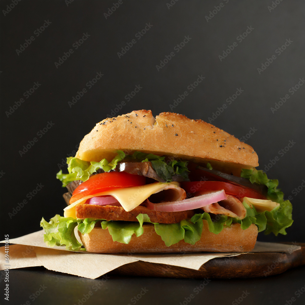Big sandwich on black background with copy space Big sandwich on black background with copy space