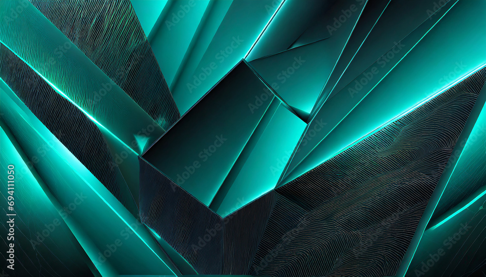 Obraz premium Black dark blue green teal cyan petrol jade abstract background. Geometric shape. 3d effect. Line triangle angle polygon wave. Color gradient. Light glow neon flash metal metallic