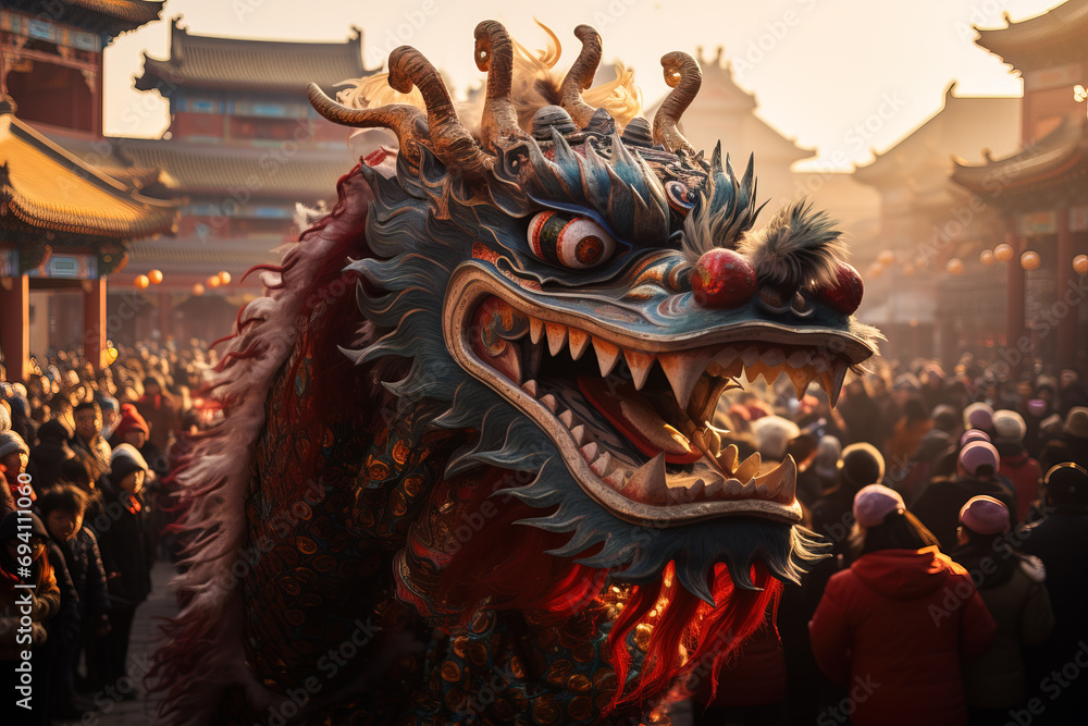 An ornate dragon costume takes center stage at a crowded Chinese New Year celebration, with a temple backdrop during golden hour.
