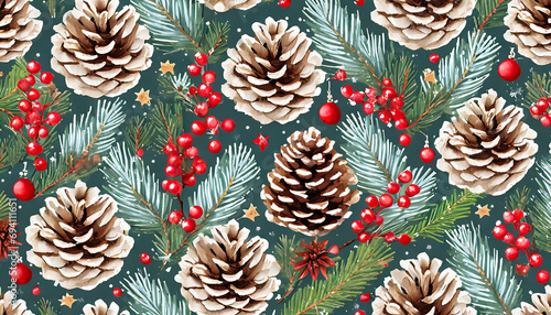 Christmas seamless pattern with pine cones and berries
