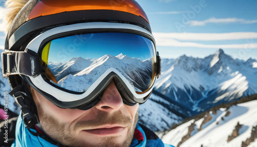Close up of the ski goggles of a man with the reflection of snowed mountains. A mountain range reflected in the ski mask