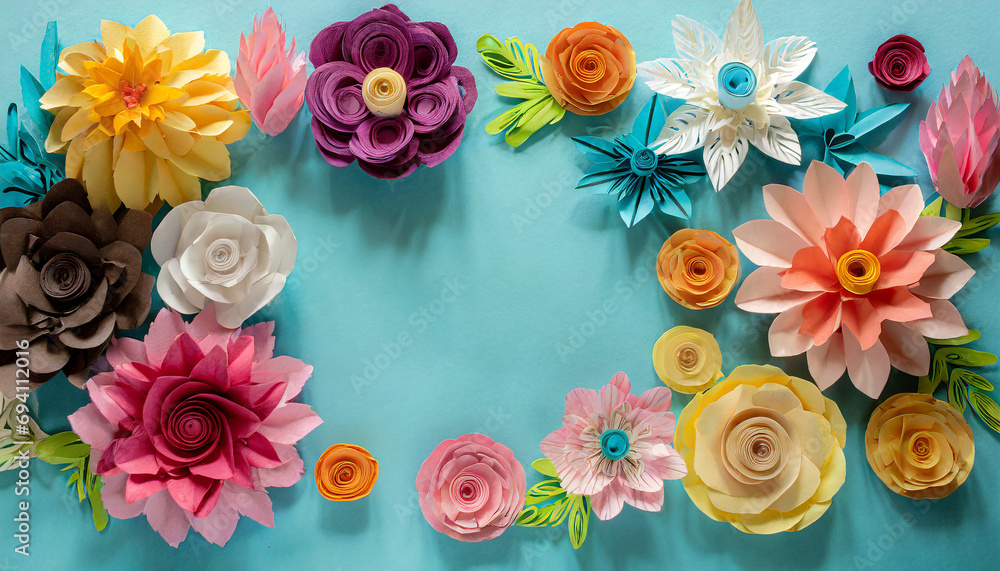 Colourful handmade paper flowers on light blue background with copyspace in the center