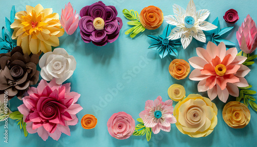 Colourful handmade paper flowers on light blue background with copyspace in the center