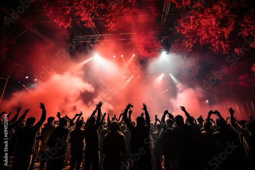 Silhouetted crowd with raised hands enjoying a live concert with vivid red stage lighting and atmospheric haze.