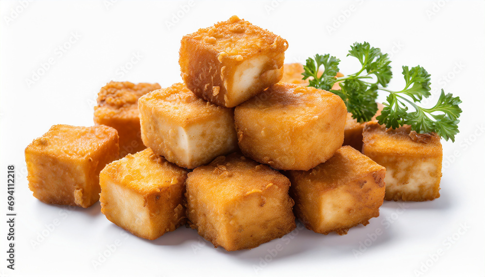 Deep fried breaded tofu cubes isolated on white background