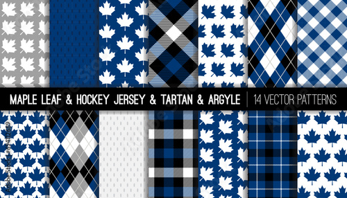 Maple Leaf, Tartan Plaid, Argyle and Hockey Jersey Texture Seamless Vector Patterns in Blue, White, Grey and Black. Sports Theme Backgrounds. Repeating Pattern Tile Swatches Included.