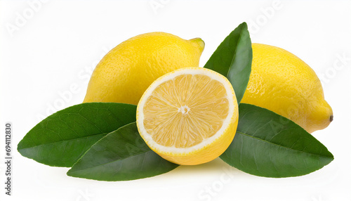 Fresh lemon with leaves isolated on white background, clipping path