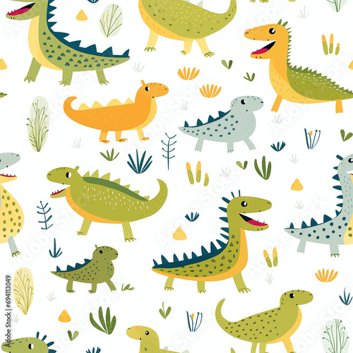 Hand drawn seamless pattern with animals cute dinosaurs leaves for kids