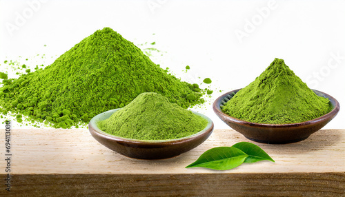 Green tea powder isolated on white background and clipping path