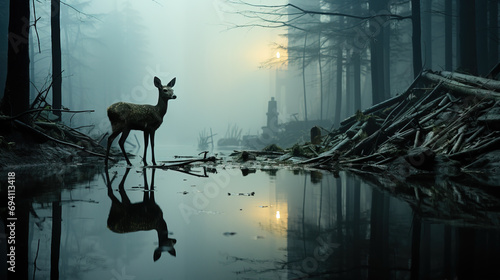 A lone deer stands by the water in a misty forest at dawn, with trees silhouetted against a faint sunbeam.