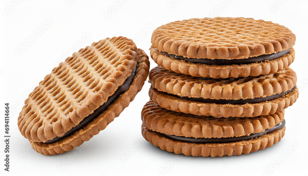 Sandwich cookies, chocolate cream filled biscuits isolated on white background, full depth of field Sandwich cookies, chocolate cream filled biscuits isolated on white background, full depth of field