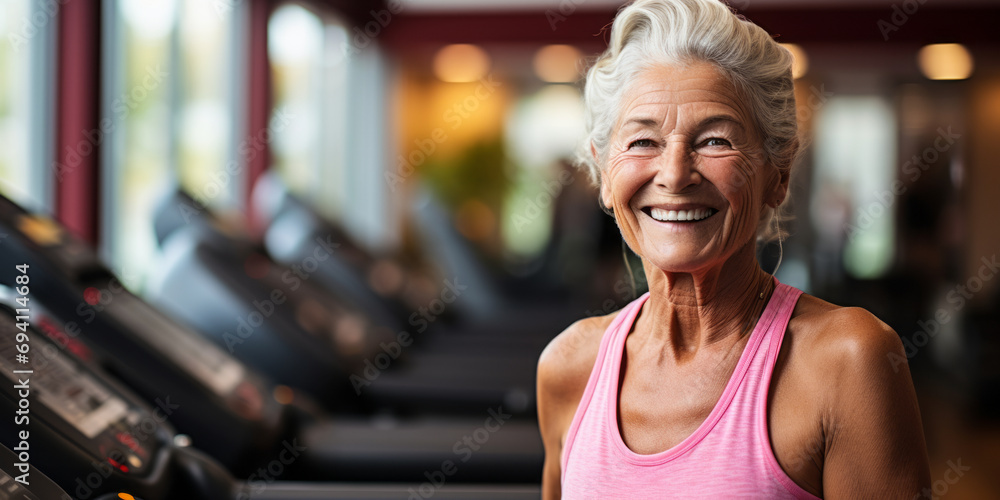 Fototapeta premium Radiant Senior Woman with White Hair Smiling in Gym, Representing Active Lifestyle and Healthy Aging