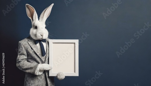 Hase / Weißes Kaninchen in Vintage-Anzug präsentiert einen leeren Bilderrahmen vor blauer Wand. Mockup. Fotorealistische Illustration. Hintergrund
