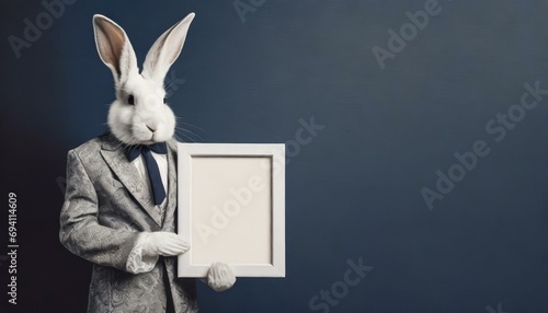 Hase / Weißes Kaninchen in Vintage-Anzug präsentiert einen leeren Bilderrahmen vor blauer Wand. Mockup. Fotorealistische Illustration. Hintergrund photo