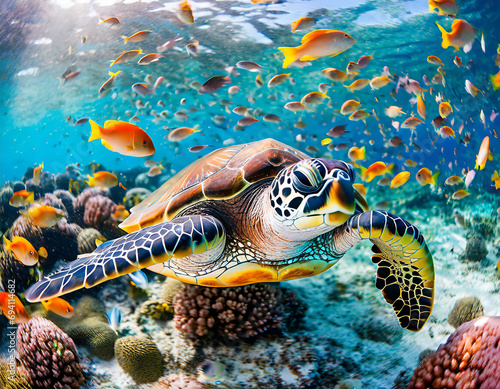 Sea turtle surrounded by colorful fish underwater.