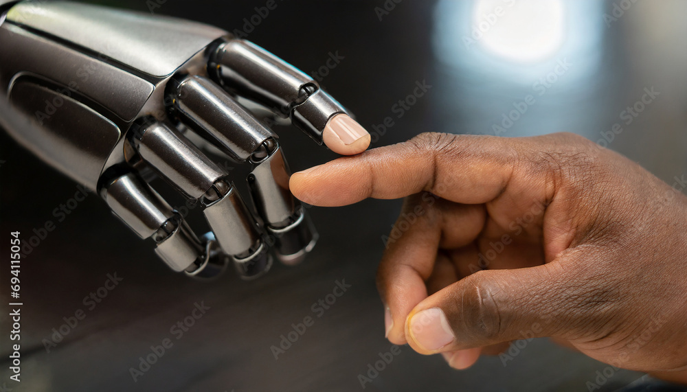The human finger delicately touches the finger of a robot's metallic finger. Concept of harmonious coexistence of humans and AI technology