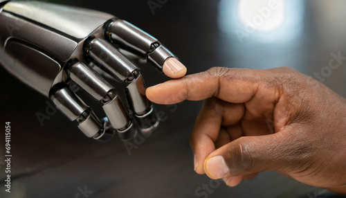 The human finger delicately touches the finger of a robot s metallic finger. Concept of harmonious coexistence of humans and AI technology