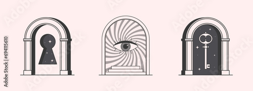 Vector mystic logo design templates with portals,steps,keyhole,key and eye.Surreal abstract illustrations in trendy minimal outline style.Enlightenment emblems.Branding design templates.