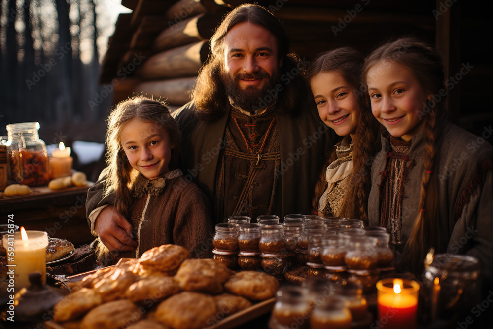 A smiling father with his three daughters in medieval costumes, surrounded by candles, pastries, and jars in a rustic wooden house.