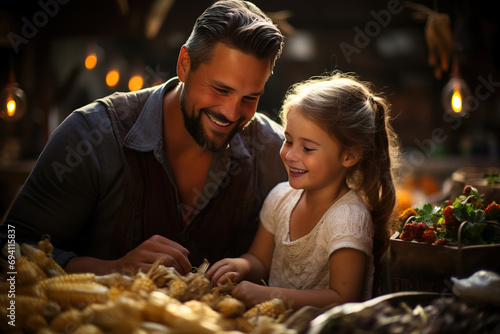 Smiling father and daughter enjoy bonding while shopping at a rustic outdoor market  surrounded by fresh produce.