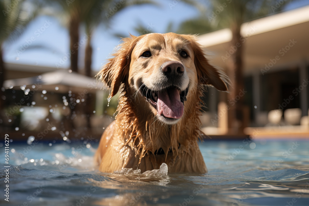 A joyful golden retriever enjoys a swim in a sunny pool, splashing water and displaying a playful demeanor.