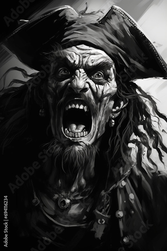 angry pirate black and white scary halloween design