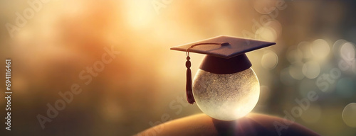 Graduation Cap in Golden Evening Light. Glowing globe against a soft-focused golden backdrop, symbolizing the enlightening journey of education. photo