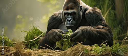 Female gorilla eating in natural environment. photo