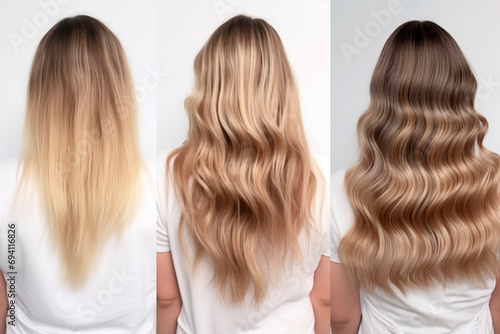 Woman before and after hair treatment on white background