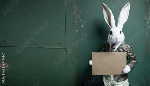 Weißer Hase / weißes Kaninchen in hellem Anzug hält leeres Schild aus Karton / Pappe vor sich. Mockup. Zum selbst beschriften. Vor dunkelgrüner Wand. Fotorealistische Illustration. Hintergrund photo