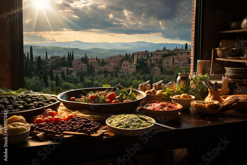 A sumptuous array of Italian dishes before a scenic Tuscan village backdrop bathed in the golden light of sunset.