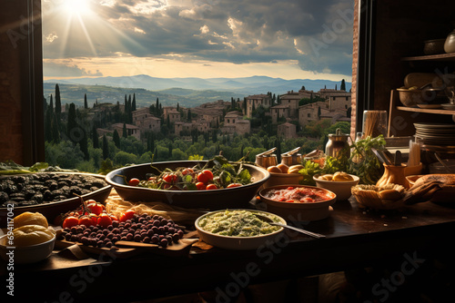 A sumptuous array of Italian dishes before a scenic Tuscan village backdrop bathed in the golden light of sunset. photo