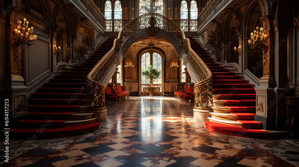 Obraz premium A grand, symmetrical staircase with red carpet in an opulent mansion hall, illuminated by warm sunlight filtering through windows.
