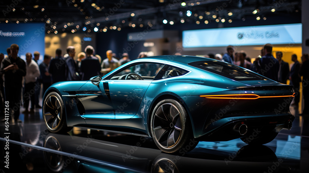 Sleek teal luxury concept car showcased at an auto show, highlighted by spotlights as spectators gather.