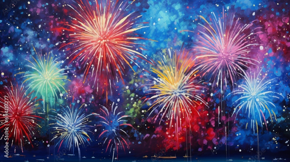 A burst of shimmering fireworks illuminating the midnight sky, painting it with vivid colors and cascading sparks. Stars twinkling in the backdrop of the celebration