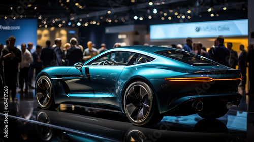 Sleek teal luxury concept car showcased at an auto show, highlighted by spotlights as spectators gather. © Pavel