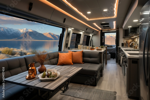 Modern luxury RV interior with comfortable seating and scenic mountain lake view through expansive windows at twilight.