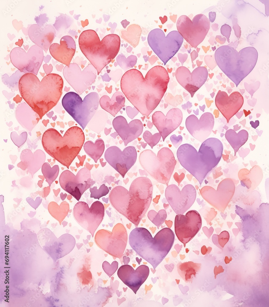 Watercolor seamless colorful pattern with cute hand-drawn hearts on grey background. Art for Valentine's textile, decor and packing.