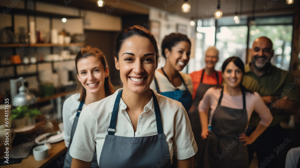 Portrait of smiling waitress standing in coffee shop with colleagues on background Portrait of smiling waitress standing in coffee shop with colleagues on background
