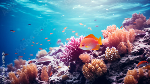 Underwater view of coral reef and tropical fish, underwater world.