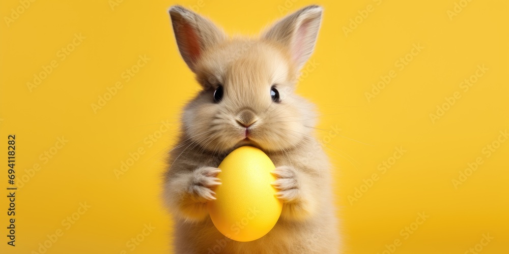 Bunny embracing yellow Easter egg on orange background. - obrazy, fototapety, plakaty 